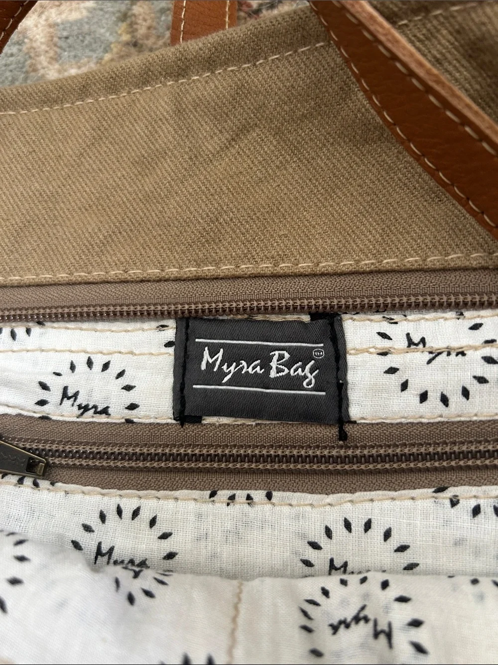 Myra Bag Brown & White Woven Geometric Tote with Faux Leather Straps